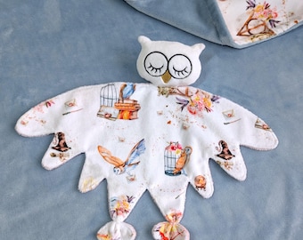 Personalized Owl Minky Baby Comforter, Handmade Nursery Snuggle Toy