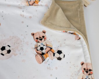Teddy Bear Soccer Soft Minky Blanket, Personalized Football Boy Nursery