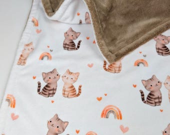Personalized Watercolor Cat Blanket, Kitten & Rainbow Nursery, Cute Animal Baby Swaddle,
