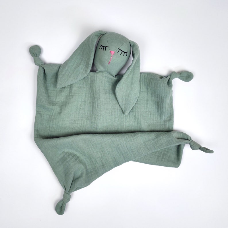 personalized bunny comforter, soft sleeping toy, organic muslin baby lovey, bunny doudou, baby security blanket, monogrammed baby blanket Old Green