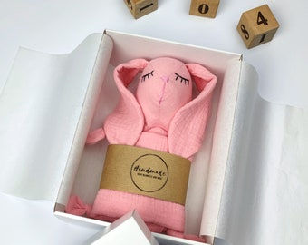 Hase decke Geschenkbox, personalisierte Hase-Bettdeer, Bio-Muslin-Baby-Liebes, weiches schlafendes Spielzeug, Hase Doudou