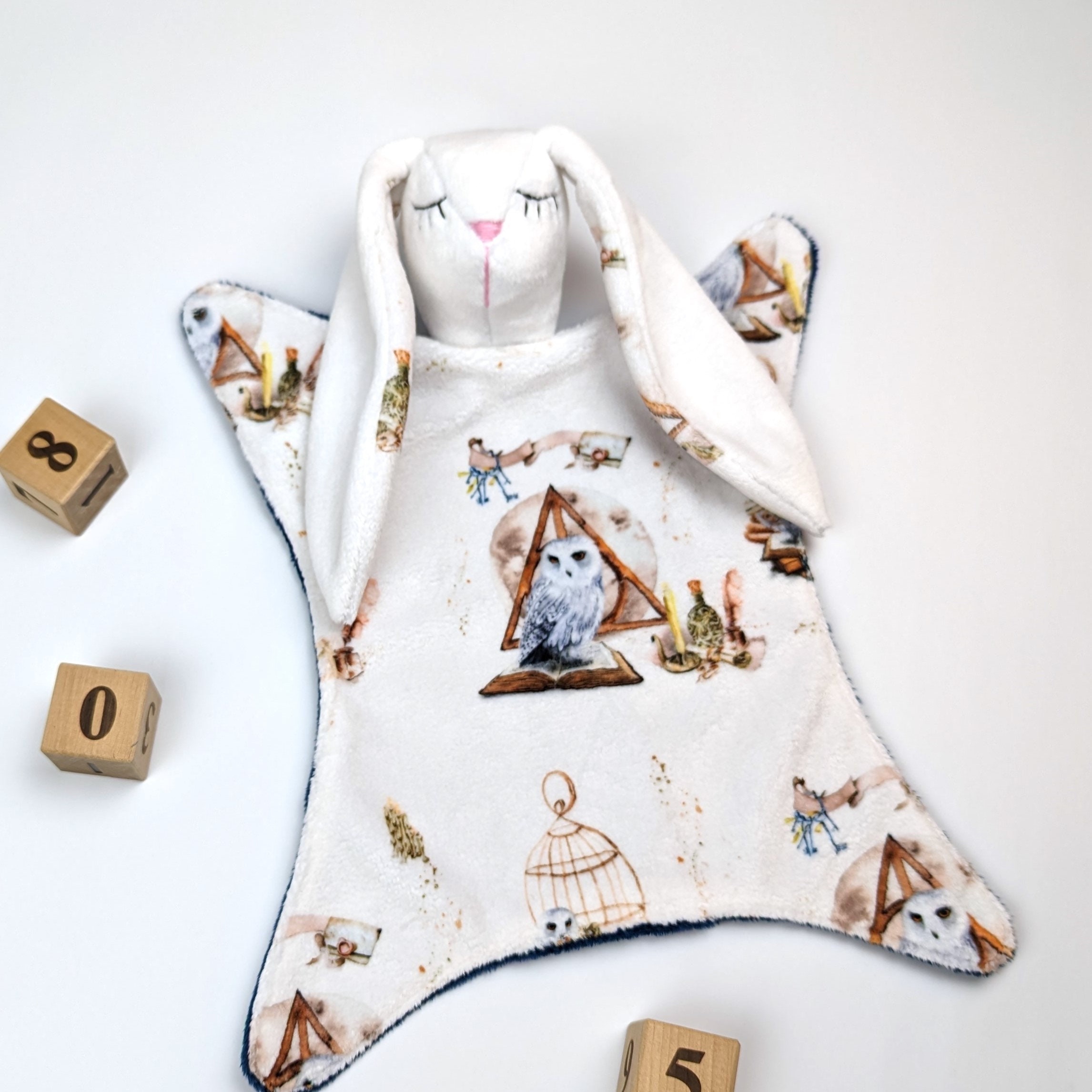 Personalized little wizard comforter, white owl baby lovey, rabbit soft sleeping toy, sleeping head 