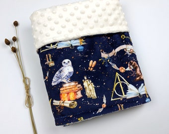 Personalized little wizard blanket, magic owl custom swaddle, wizarding school gift, hp white owl bedding, school of magic harry nursery