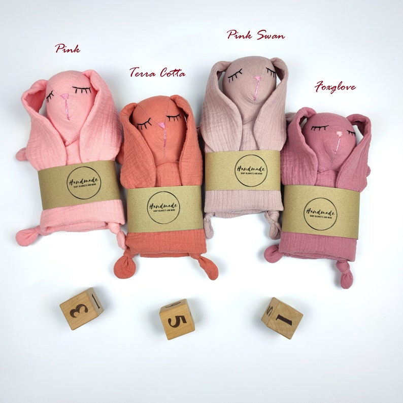 personalized bunny comforter, soft sleeping toy, organic muslin baby lovey, bunny doudou, baby security blanket, monogrammed baby blanket image 8
