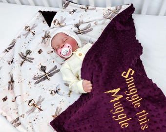 personalized wizard blanket, magic hp keys swaddle, monogramed newborn gift, snuggle this muggle minky cover