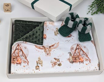 Luxury custom wizard gift set, Personalized newborn baby blanket & booties
