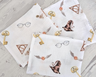 wizarding school muslin squares, little wizard organic cotton cloth, double gauze baby swaddle, summer baby blanket, organic cotton gift