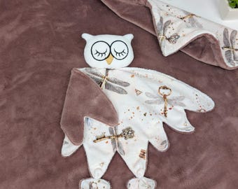Dragonfly Print Baby Comforter, Flying Keys Minky Doudou, Soft HP Owl Toy, Personalized Newborn Gift