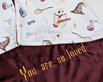 personalized wizard blanket, custom little wizard swaddle, school of magic gift, white owl mail, harry wizarding school, hp nursery