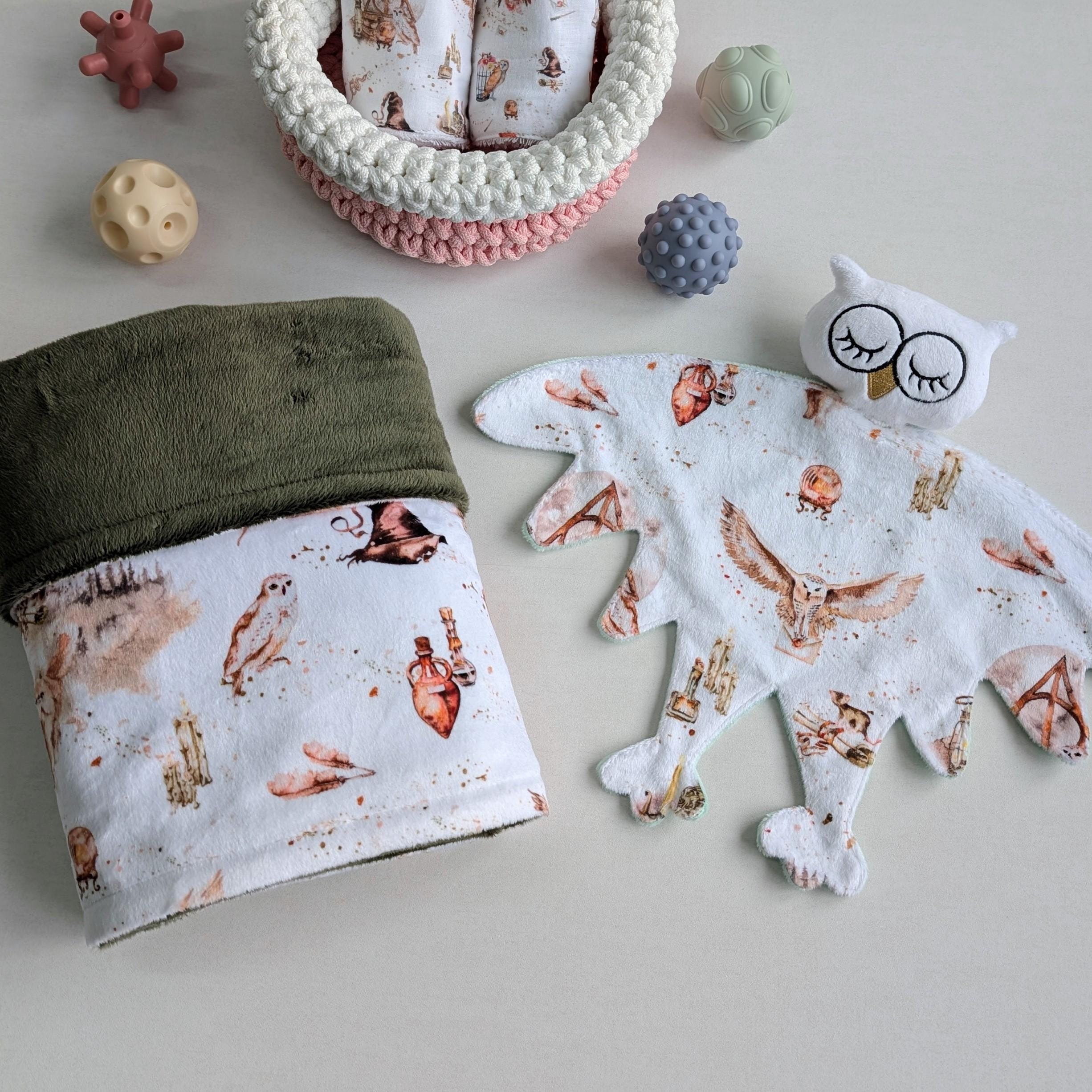 Personalized baby blanket & owl comforter, baby name embroidered blanket, wizarding world gift, 
