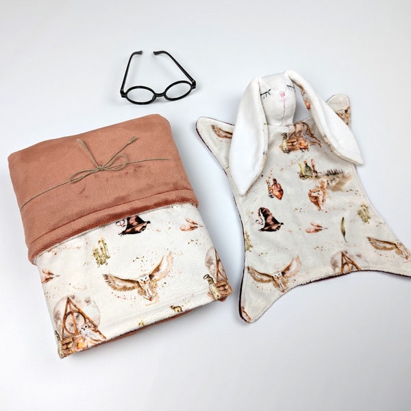 magic owl baby blanket and bunny comforter, personalized baby blanket, baby wizard blanket, magic wizard bunny, keys with wings