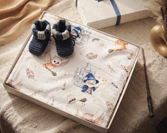 Personalized Wizard Baby Blanket and Booties Gift Set, Wizarding World Harry Plaid