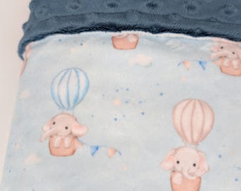 Personalized Elephant Baby Blanket, Minky Hot Air Balloon Nursery Blanket, Soft Watercolor Elephant Crib Bedding, New Baby Boy Gift