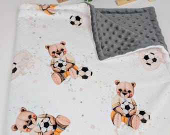 Soccer Teddy Bear Minky Blanket, Luxury Personalized Baby Boy Gift for Football Lovers