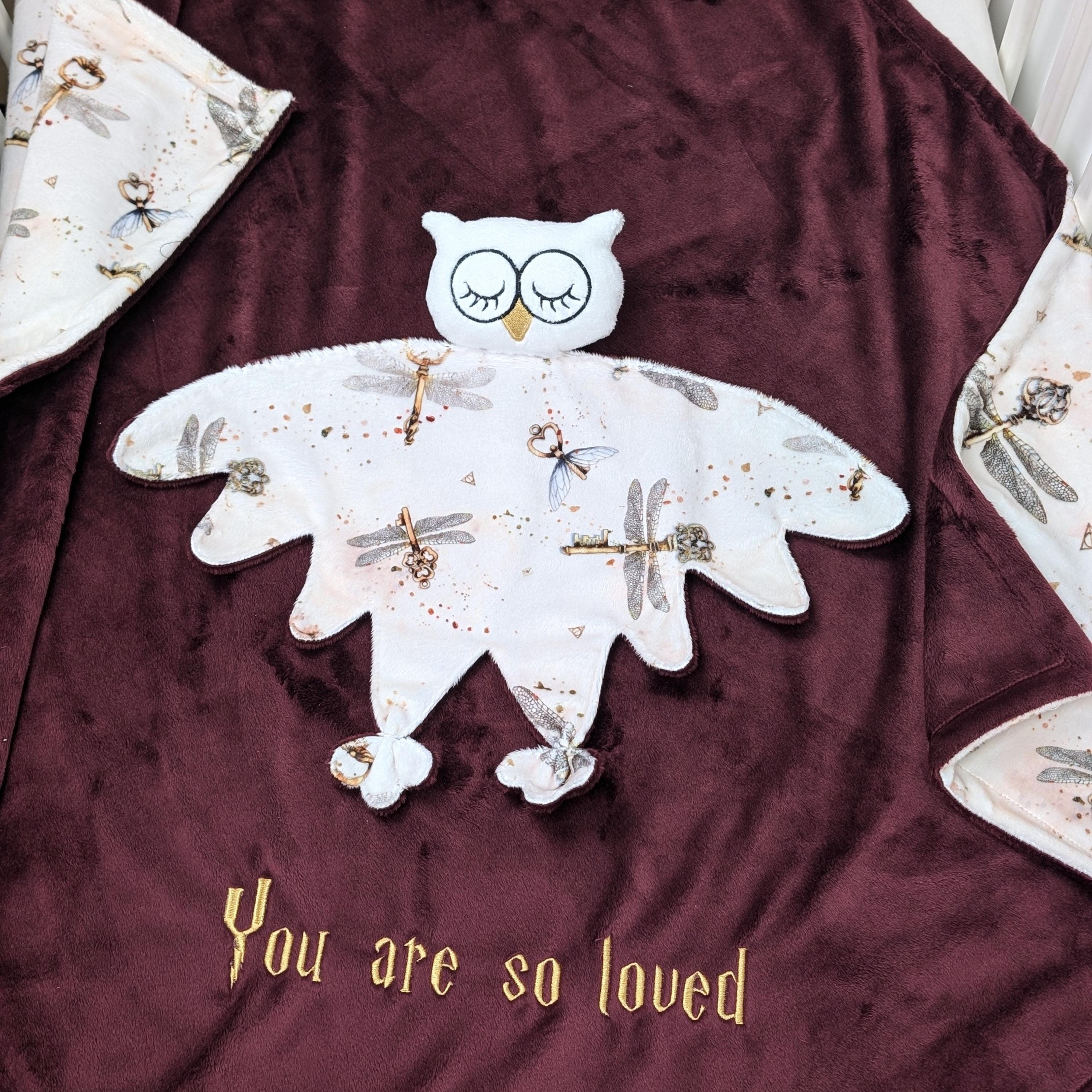personalized owl comforter, customized baby doudou, baby wizard toy, keys with wings owl, soft sleep
