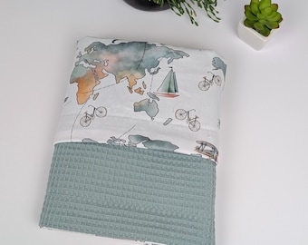 Map of the World Blanket, Personalized Summer Baby Blanket, Customized Cotton Waffle Swaddle, Adventure Awaits, Name Embroidered Blanket