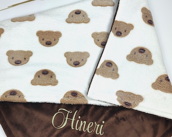 little bear blanket, personalized minky baby blanket, bear head print blanket, brown bear silhouette, super soft baby blanket