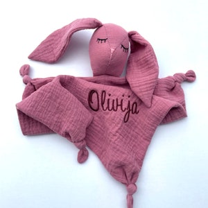 personalized bunny comforter, soft sleeping toy, organic muslin baby lovey, bunny doudou, baby security blanket, monogrammed baby blanket image 9