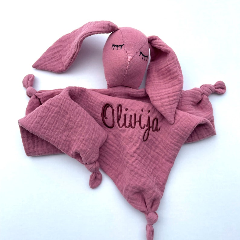 personalized bunny comforter, soft sleeping toy, organic muslin baby lovey, bunny doudou, baby security blanket, monogrammed baby blanket image 9