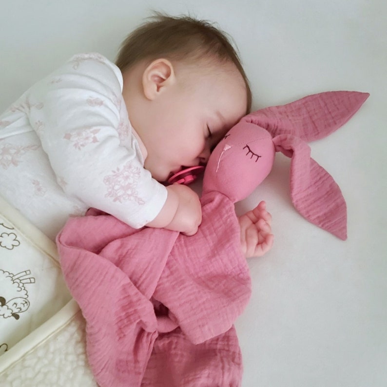 personalized bunny comforter, soft sleeping toy, organic muslin baby lovey, bunny doudou, baby security blanket, monogrammed baby blanket image 2