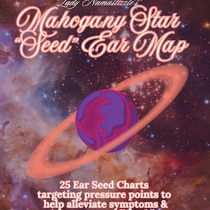 May include: A poster with a cosmic background features the text "Mahogany Star Seed Ear Map." It includes a purple and pink planet with a ring, and text stating "25 Ear Seed Charts targeting pressure points to help alleviate symptoms & improve overall health."