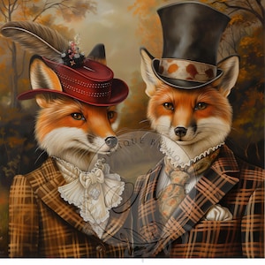 May include: A painting of two foxes dressed in vintage attire. The fox on the left is wearing a red hat with a feather and a brown plaid jacket. The fox on the right is wearing a black top hat and a brown plaid jacket. The foxes are standing in a woodland setting.