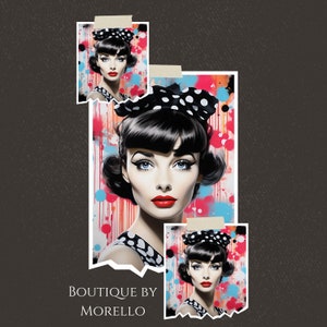 May include: A woman with black hair and red lips is wearing a black and white polka dot headband. She is looking at the camera. The background is a colorful abstract design with red, blue, and white paint splatters.