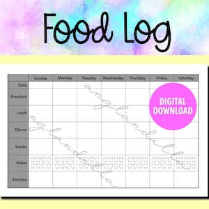 May include: A printable food log planner with a black and white grid and a pink "DIGITAL DOWNLOAD" button. The planner includes sections for date, breakfast, lunch, dinner, snacks, water, and exercise.