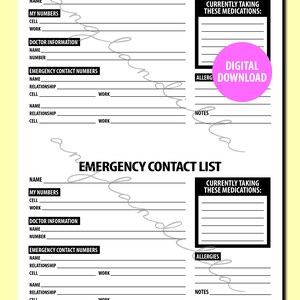 Emergency Contact List Printable PDF Digital Download - Etsy