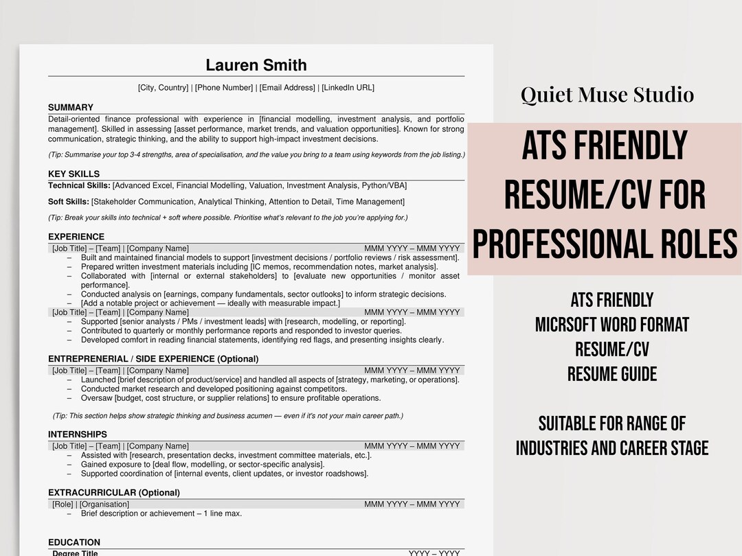 Ats Reference Guide Ats-friendly Resume/cv Template for Business, Finance, Consulting ...
