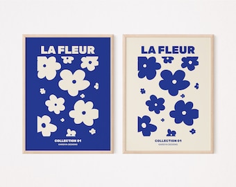 Blue La Fleur Package, Trendy Retro 70s Blue Wall Art, Minimalist Blue Poster, Aesthetic Decor, College Dorm Art, DIGITAL DOWNLOAD