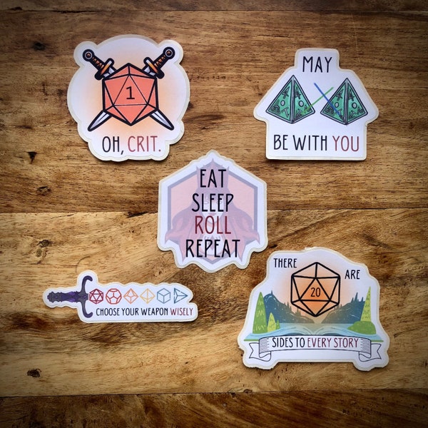 Set of 5 Dice / D&D Pun Die-Cut Stickers | Matte Finish Recycled Paper Stickers | Eco Friendly | Ideal for Notebooks, Journals, etc