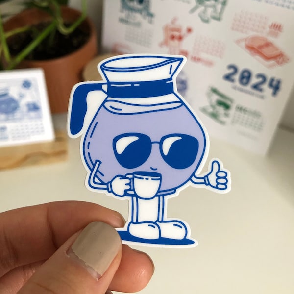 Retro Coffee Pot Character Vinyl Sticker - Weatherproof Laptop Decal