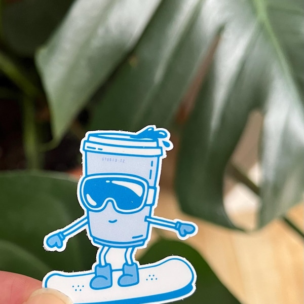 Snowboarding Retro Coffee Character Vinyl Sticker - Weatherproof Laptop Decal