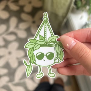 May include: A green and white sticker of a cartoon plant in a hanging pot. The plant has sunglasses and small feet. The sticker is held by a person.