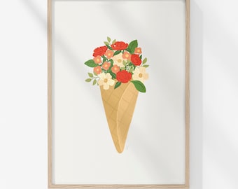 Ice Cream Cone Winter Bouquet Illustration Art Print | Wall Art | Home Decor | Floral Art | Ice Cream Illustration | Flower Print Poster