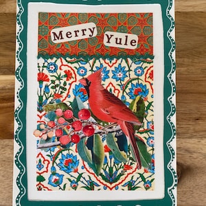 Merry Yule greeting card handcrafted 5”x7” Kraft envelope