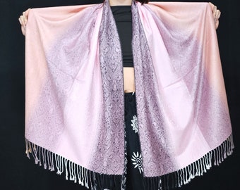 Gradient "Enchanted Lilac" Pashmina Metallic Scarf | Purple Pink White Shawl | Jacquard Wedding Head Cover | Reversible Paisley