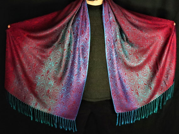 Gradient &quot;Sour Berry&quot; Pashmina Metallic Scarf | Blue Red Shawl | Jacquard Wedding Head Cover | Reversible Paisley