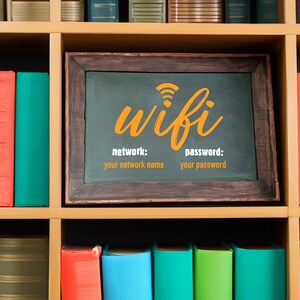 May include: A framed chalkboard displaying the word "wifi" in orange script, with prompts for network and password. The chalkboard is positioned within a bookshelf filled with colourful books.