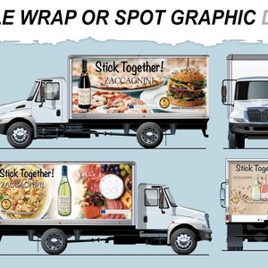 Könnte beinhalten: Ein weißer Lieferwagen mit einer Vollfarbverpackung mit dem Text "Stick Together! ZACCAGNINI" und Bildern von Essen und Wein. Der LKW ist aus drei verschiedenen Blickwinkeln zu sehen: von der Seite, von vorne und von hinten.