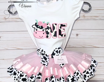 Cowgirl First Birthday Outfit: Embroidered Shirt & Tutu, First Birthday Shirt, Cow Print 1st Birthday Shirt