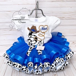 Blue Cowgirl Birthday Tutu Outfit, Rodeo Girls Birthday Shirt, Girls Farm Birthday Tutu Outfit, Cowprint Girls Birthday Shirt