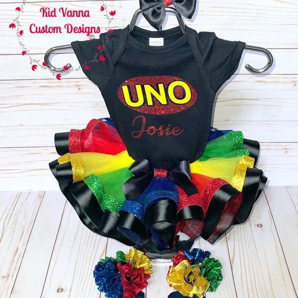 UNO Birthday Tutu Outfit, 1st Birthday Outfit, UNO Birthday Shirt, Glitter Trimmed Tutu, Multi Color Tutu, Rainbow Tutu