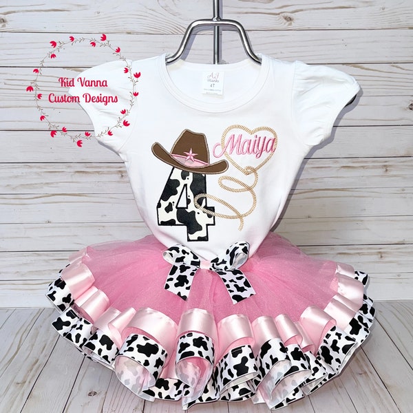 Cowgirl Birthday Tutu Outfit, Rodeo Girls Birthday Shirt, Girls Farm Birthday Tutu Outfit, Cowprint Girls Birthday Shirt