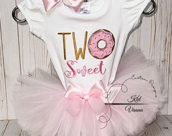 Two Sweet Donut Birthday Tutu Outfit: Embroidered 2nd Birthday, 2nd Birthday Shirt, Donut Birthday Shirt