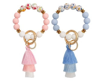 Floral Wristlet Keychain, Silicone Bracelet Keychain, Beaded Key Ring Bracelet, Boho Tassel Keychain, Bangle Keychain, Gift for Teacher, Mom