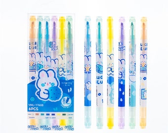 6 Pcs Cute Bunny Erasable Highlighter Pen Set, Double Head Highlighters, Pastel Color Art Markers, Fluorescent Pen, Planner Pen, Kawaii Pen