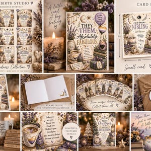 Peut inclure: Une collection de cartes de vœux format A6 de la Celestial Kindness Collection par Velvet Rebirth Studio. Les cartes présentent des illustrations de lavande, de livres et de motifs célestes avec le texte They, Them Absolutely Fabulous.