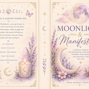 May include: A journal cover titled Moonlight & Manifestation featuring a soft cream background with purple lavender, crystals, a crescent moon, a full moon, a butterfly, and a lit candle. The text includes prompts and inspirational phrases.